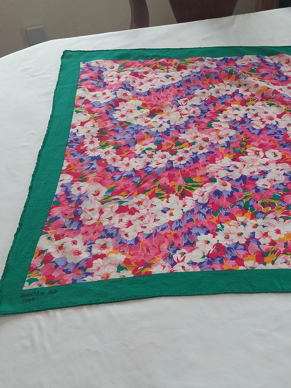 GIL de LOSNE Paris  Floral Scarf with Green Border - Bright Pink & Multicolor